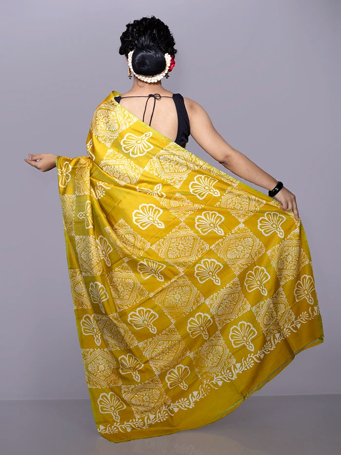 Mustard Printed Bishnupuri Katan Silk Saree