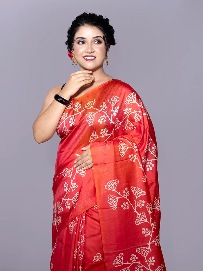 Red Printed Bishnupuri Katan Silk Saree