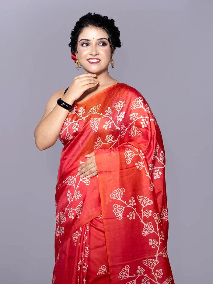 Red Printed Bishnupuri Katan Silk Saree - WeaversIndia