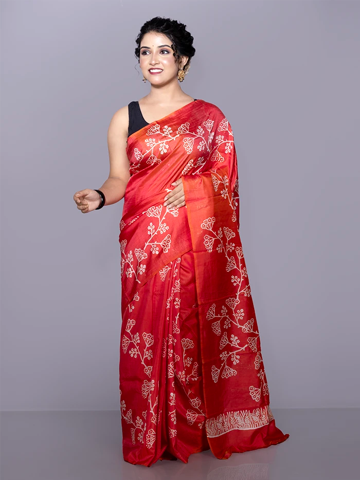 Red Printed Bishnupuri Katan Silk Saree