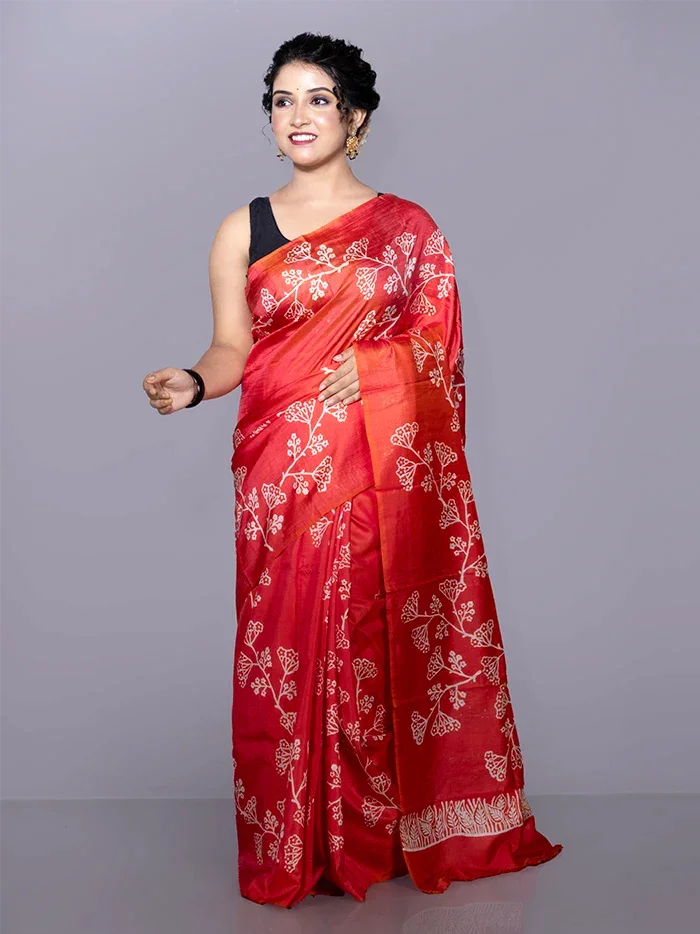 Red Printed Bishnupuri Katan Silk Saree - WeaversIndia