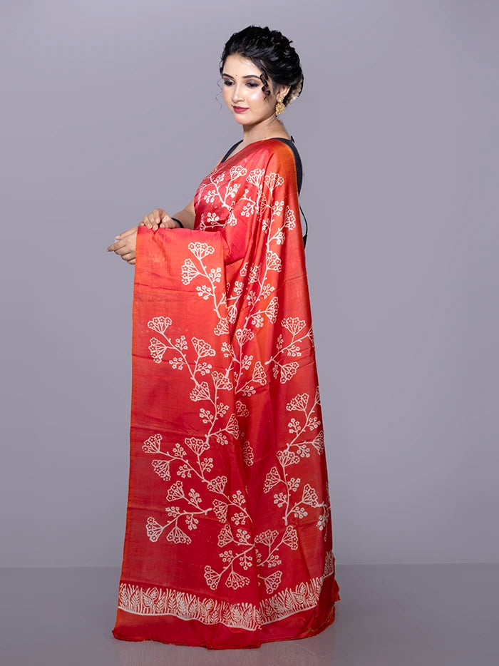 Red Printed Bishnupuri Katan Silk Saree