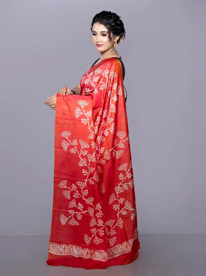 Red Printed Bishnupuri Katan Silk Saree - WeaversIndia