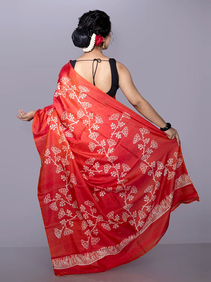 Red Printed Bishnupuri Katan Silk Saree