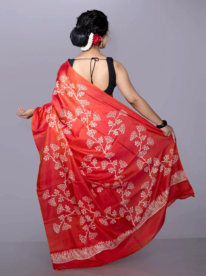 Red Printed Bishnupuri Katan Silk Saree - WeaversIndia