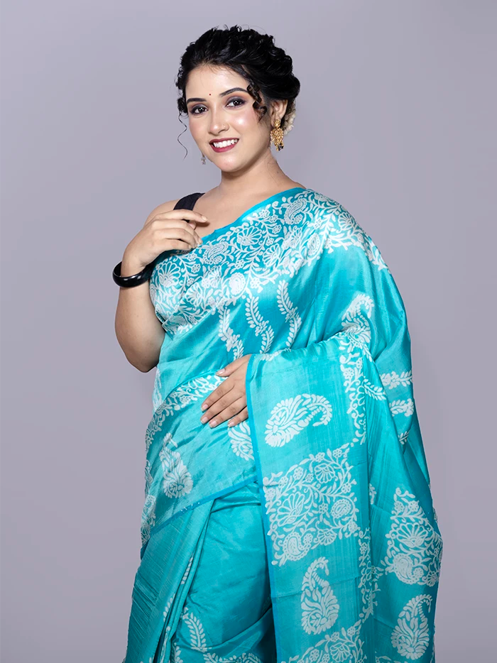 Cyan Printed Bishnupuri Katan Silk Saree