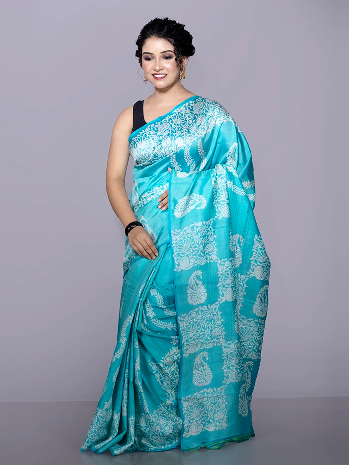 Cyan Printed Bishnupuri Katan Silk Saree