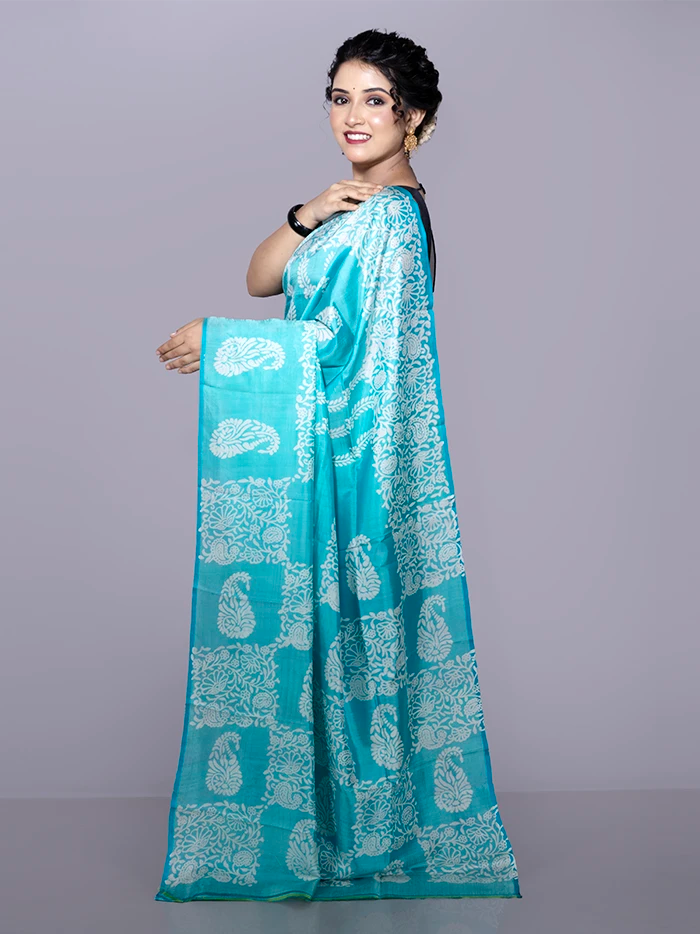 Cyan Printed Bishnupuri Katan Silk Saree