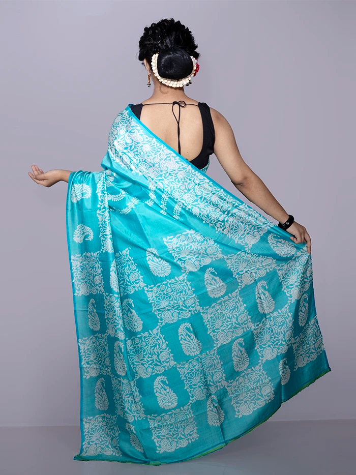 Cyan Printed Bishnupuri Katan Silk Saree