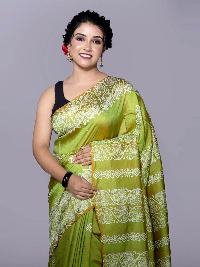 Green Printed Bishnupuri Katan Silk Saree
