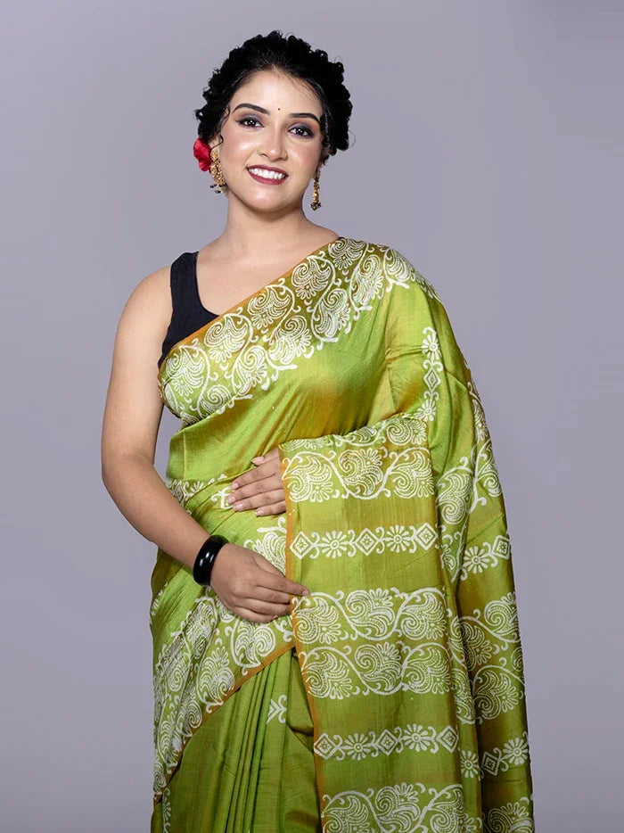 Green Printed Bishnupuri Katan Silk Saree - WeaversIndia