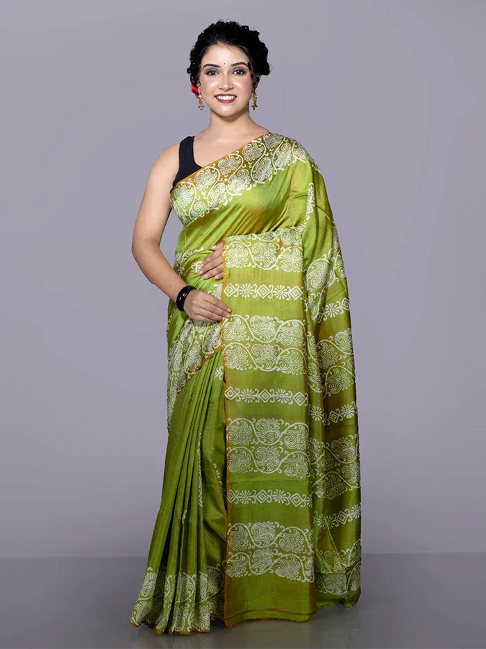 Green Printed Bishnupuri Katan Silk Saree - WeaversIndia