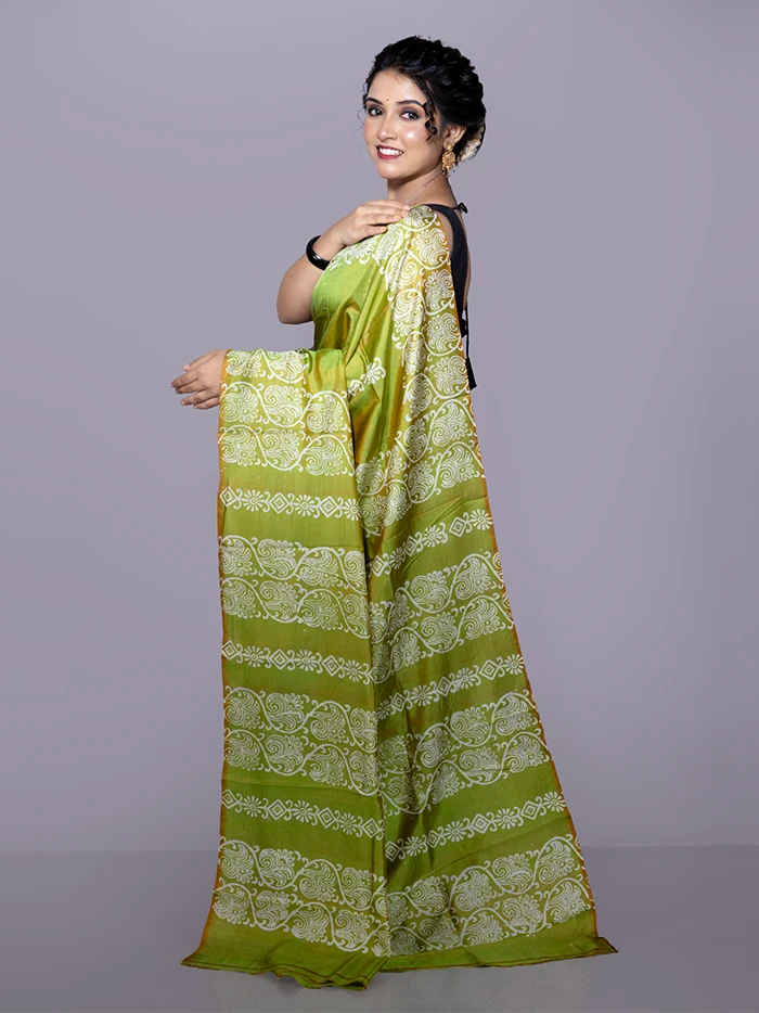 Green Printed Bishnupuri Katan Silk Saree