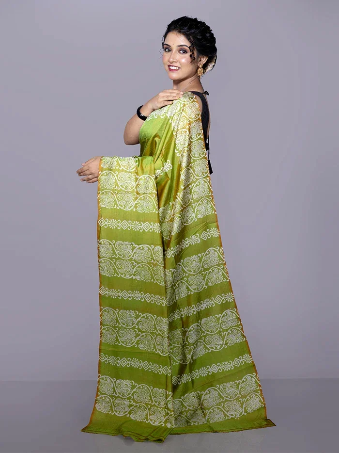 Green Printed Bishnupuri Katan Silk Saree - WeaversIndia