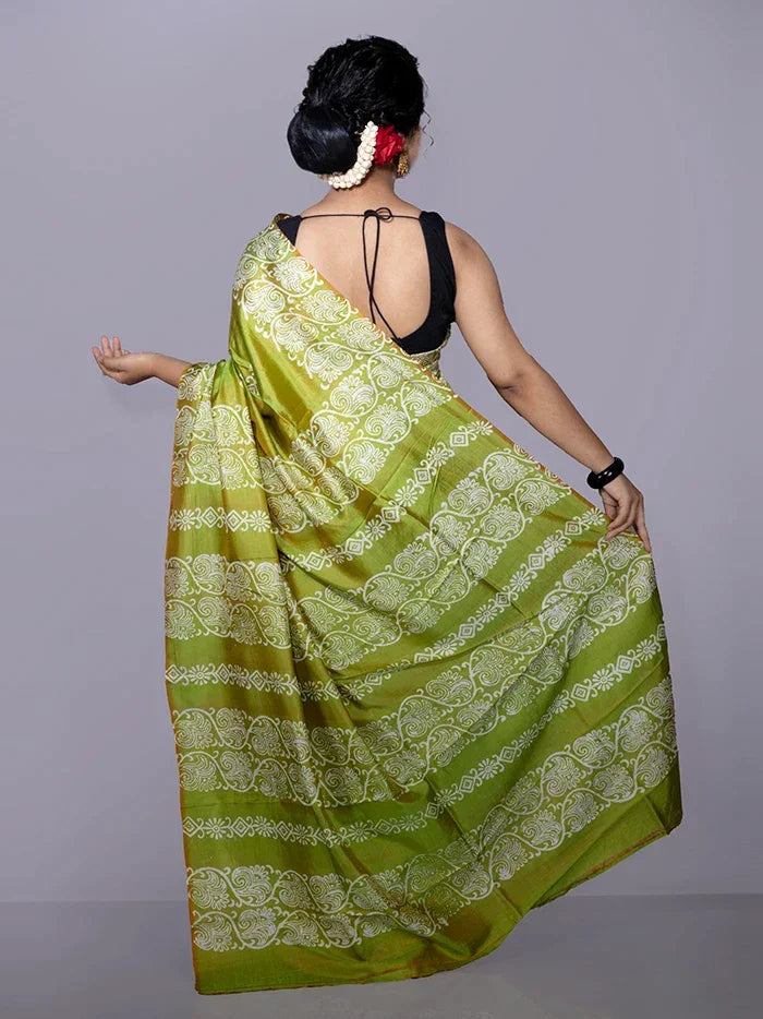 Green Printed Bishnupuri Katan Silk Saree - WeaversIndia