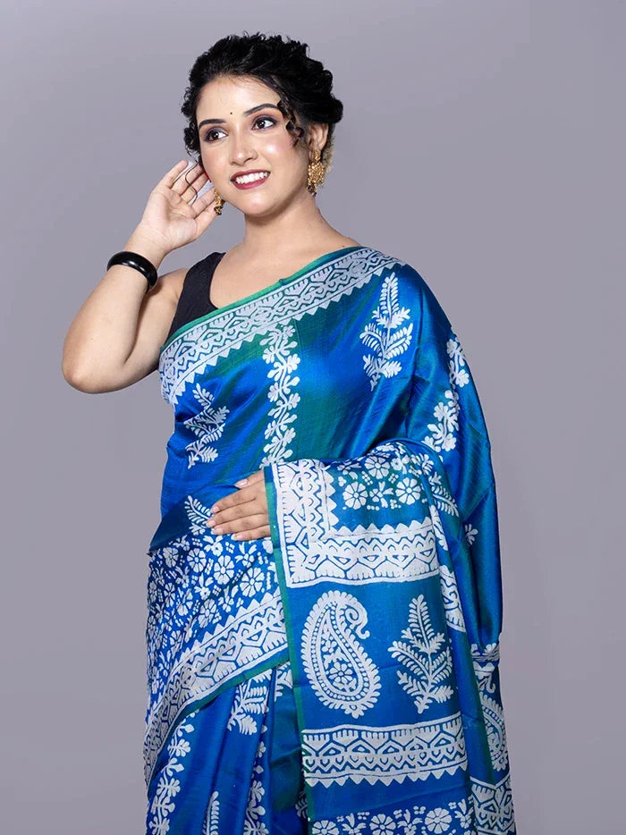 Blue Printed Bishnupuri Katan Silk Saree - WeaversIndia