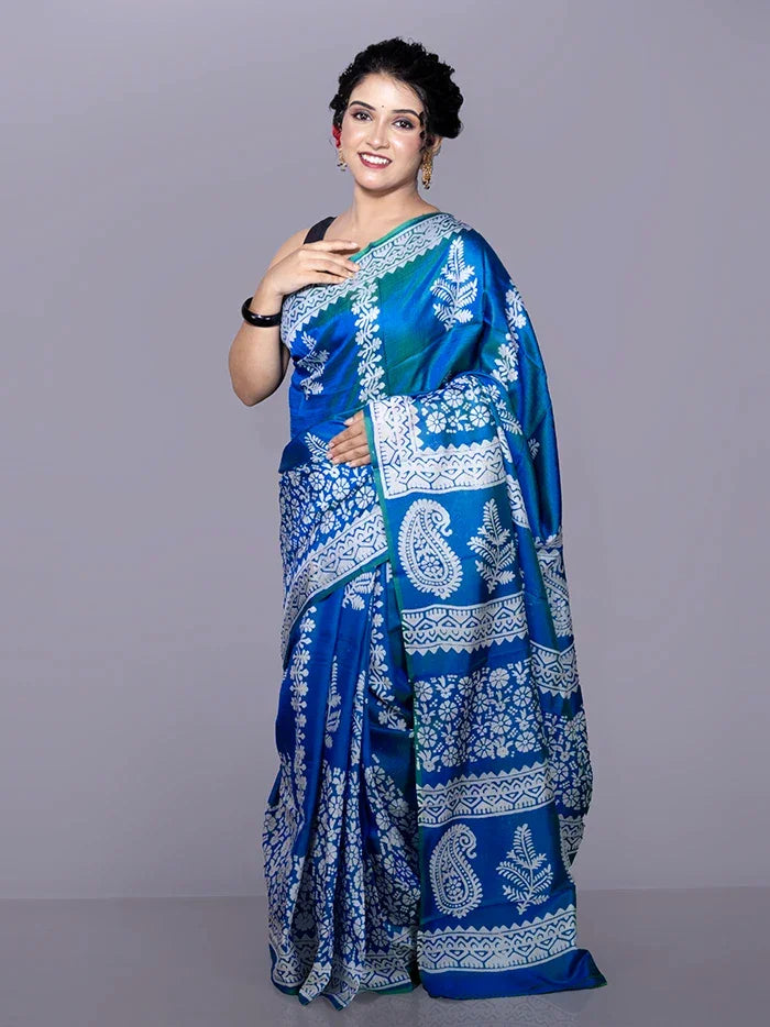Blue Printed Bishnupuri Katan Silk Saree - WeaversIndia