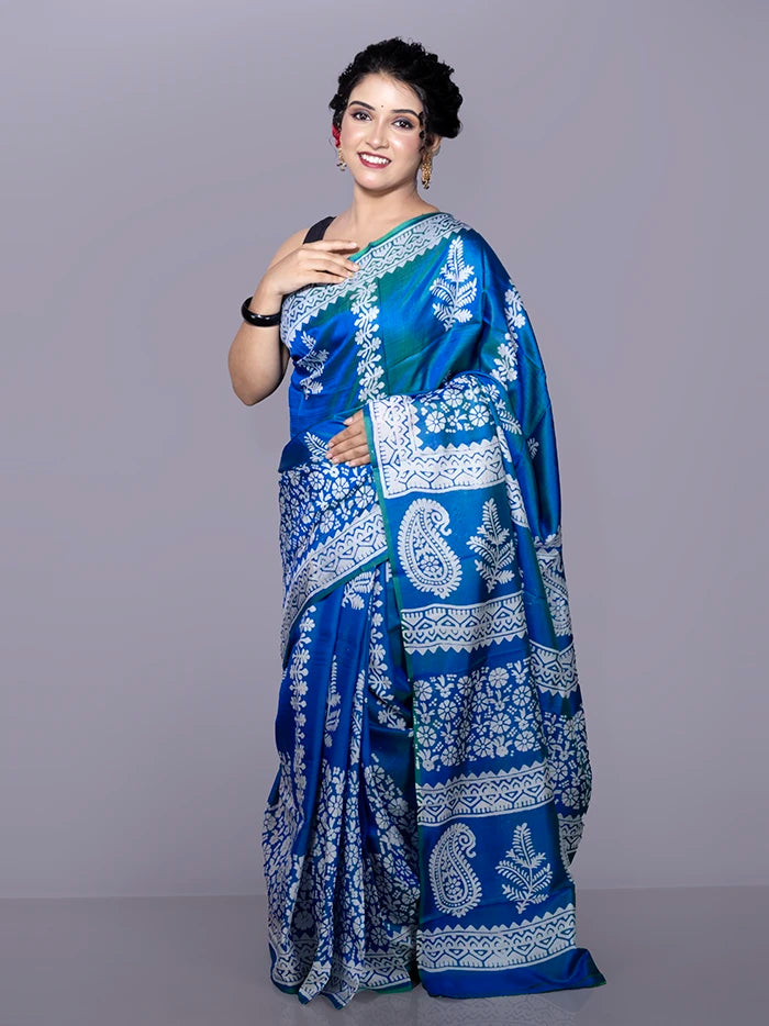 Blue Printed Bishnupuri Katan Silk Saree