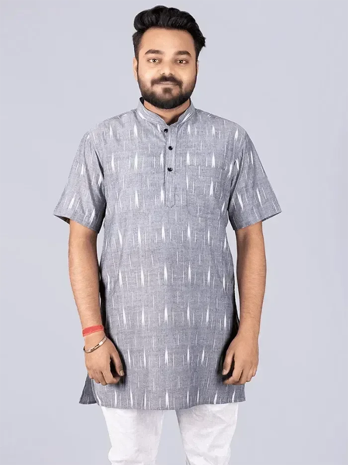 Black Grey Ikkat Cotton Men Kurta - WeaversIndia
