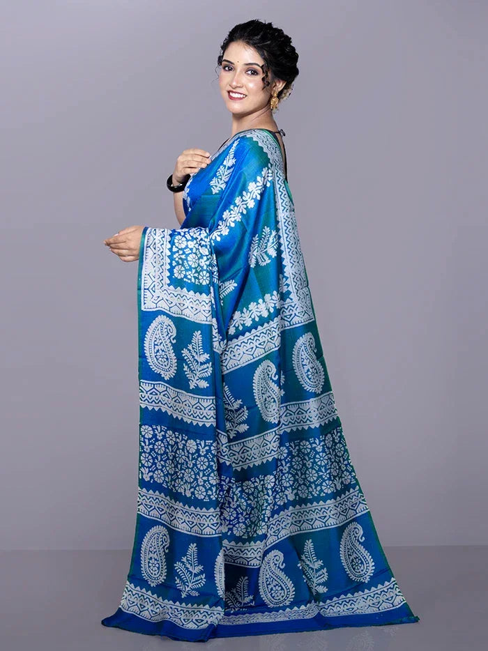Blue Printed Bishnupuri Katan Silk Saree - WeaversIndia