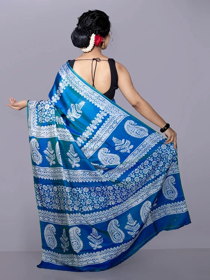 Blue Printed Bishnupuri Katan Silk Saree - WeaversIndia