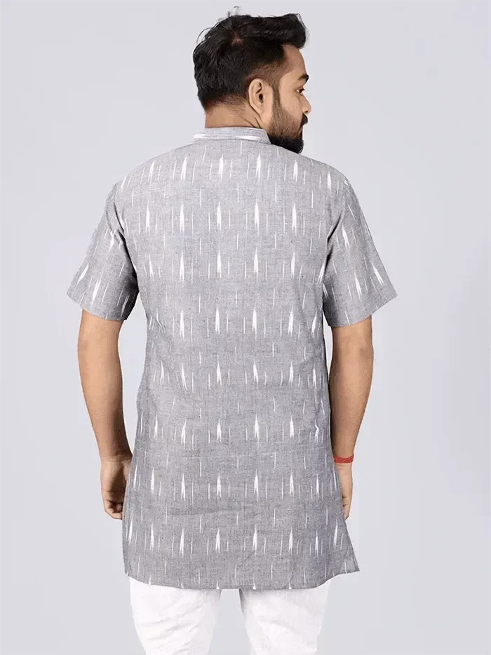 Black Grey Ikkat Cotton Men Kurta - WeaversIndia