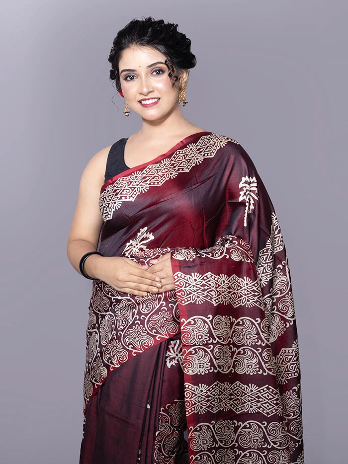 Maroon Par Anchal Buti Printed Bishnupuri Katan Silk Saree