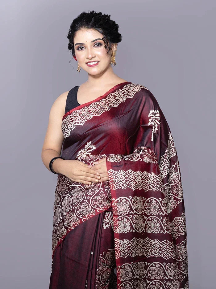 Maroon Par Anchal Buti Printed Bishnupuri Katan Silk Saree - WeaversIndia