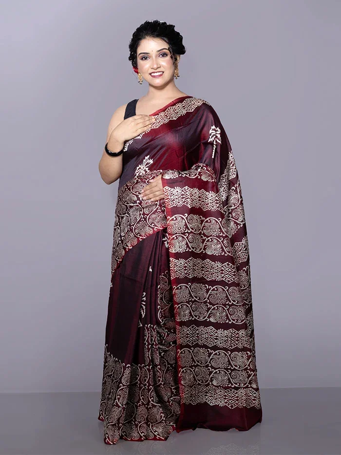 Maroon Par Anchal Buti Printed Bishnupuri Katan Silk Saree - WeaversIndia