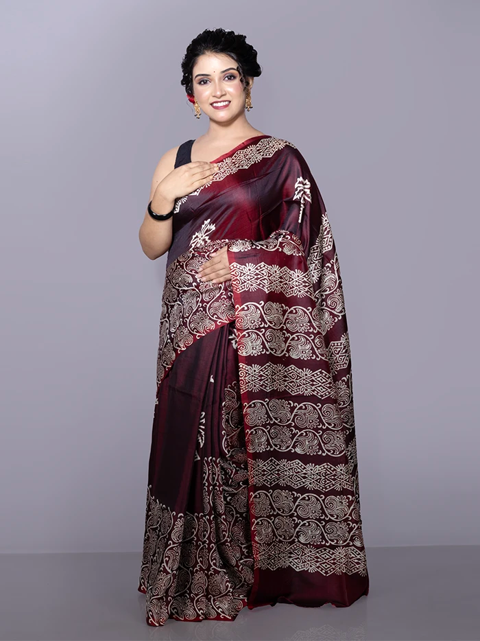 Maroon Par Anchal Buti Printed Bishnupuri Katan Silk Saree