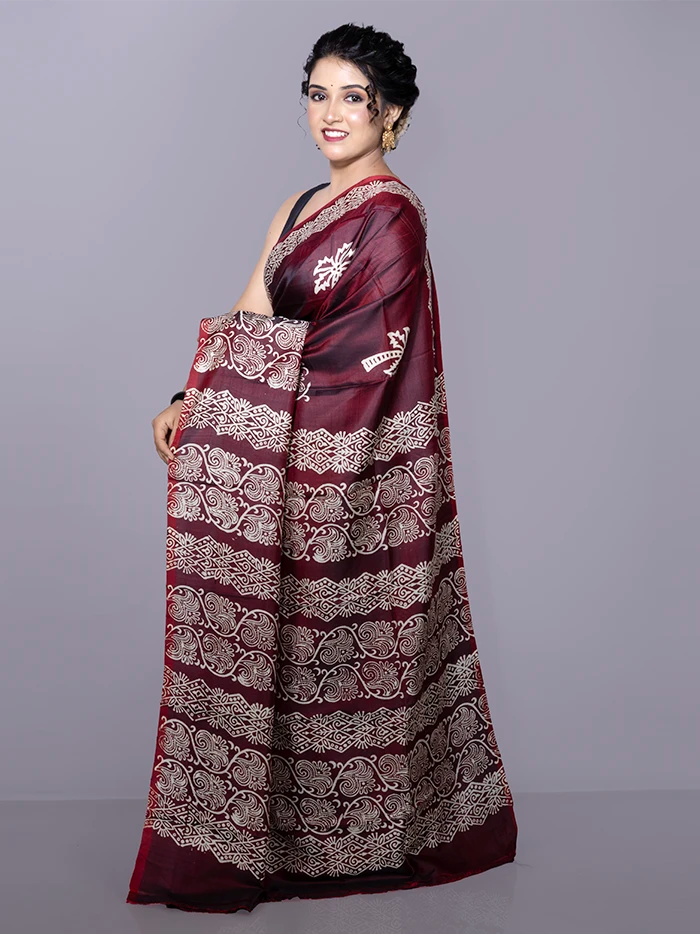 Maroon Par Anchal Buti Printed Bishnupuri Katan Silk Saree