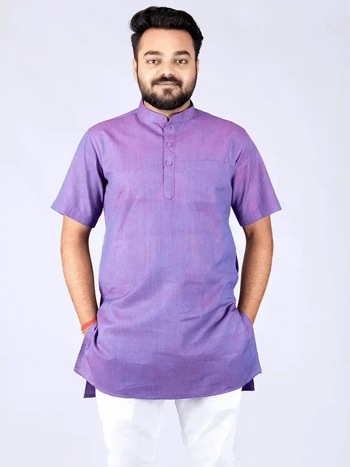 Blue Red Dual Tone Organic Cotton Half Sleeves Men Kurta - WeaversIndia