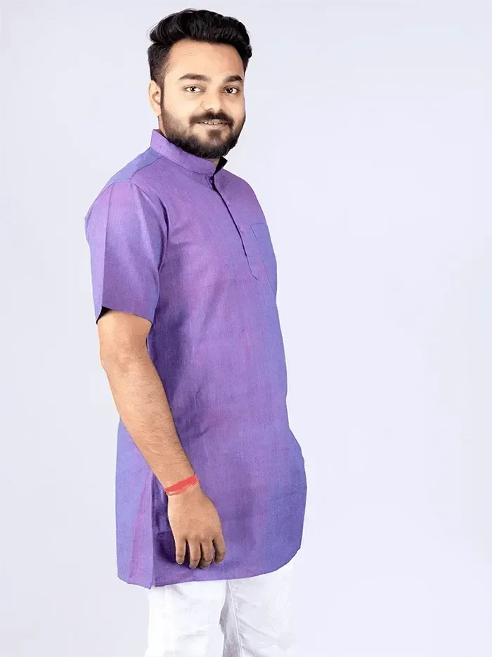 Blue Red Dual Tone Organic Cotton Half Sleeves Men Kurta - WeaversIndia