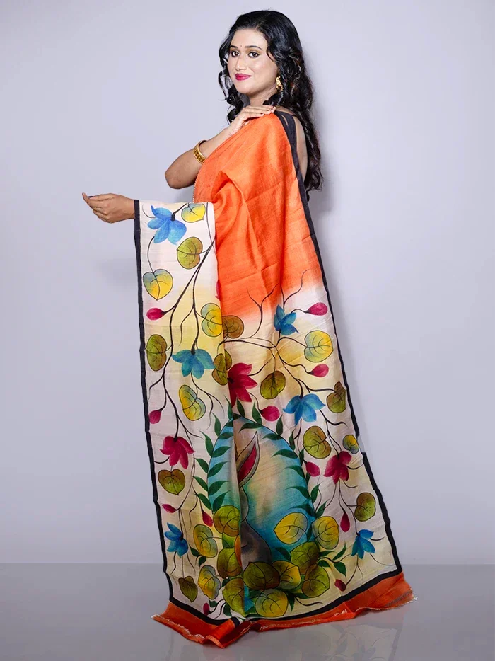 Par Anchal Hand Painted Murshidabad Silk Saree - WeaversIndia