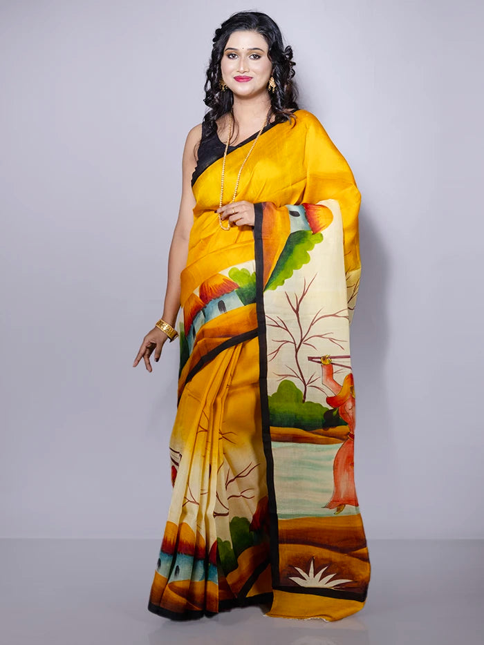 Par Anchal Hand Painted Murshidabad Silk Saree