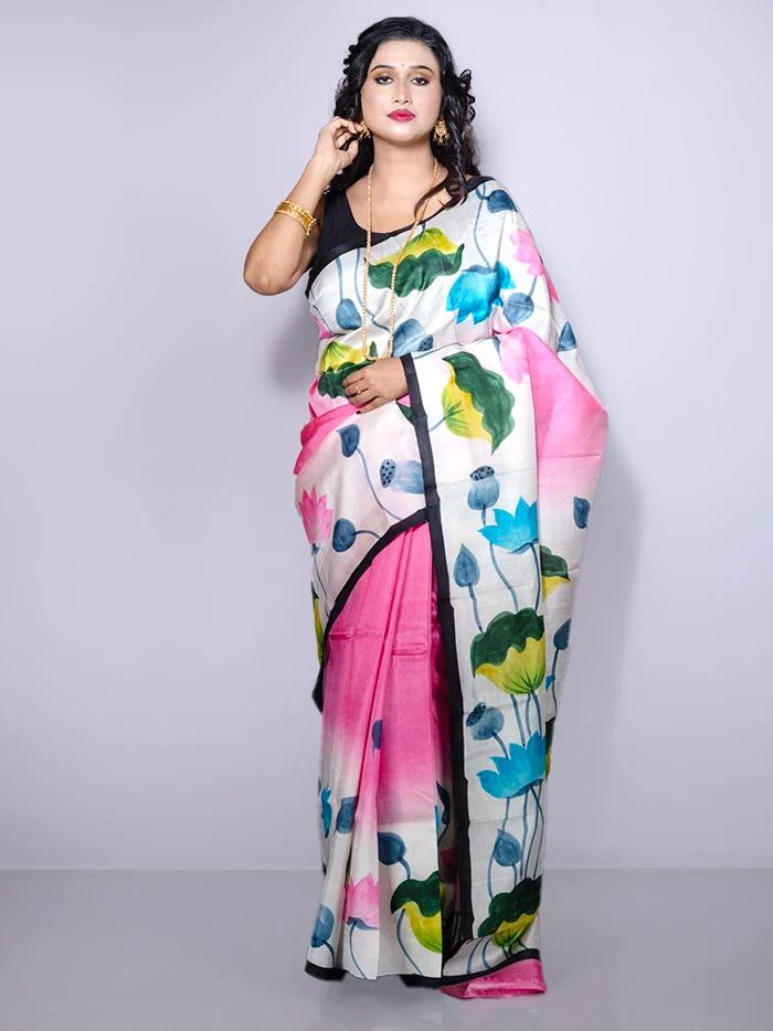 Pink Hand Painted Murshidabad Silk Saree