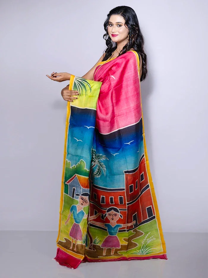 Par Anchal Hand Painted Murshidabad Silk Saree - WeaversIndia