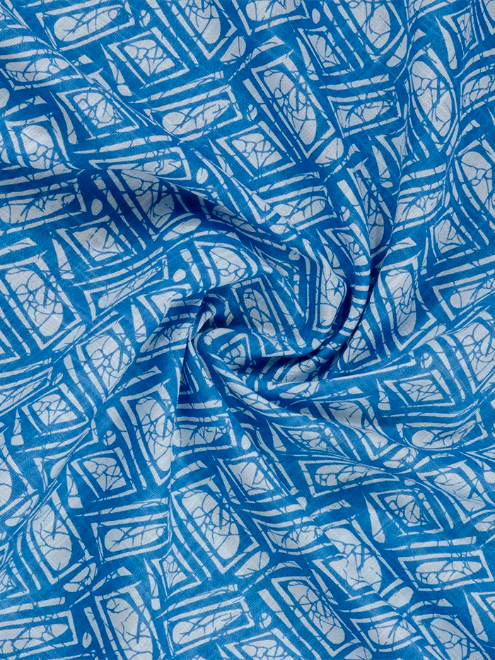 Sky Blue Printed Handwoven Slab Cotton Fabric 44 Inch Width