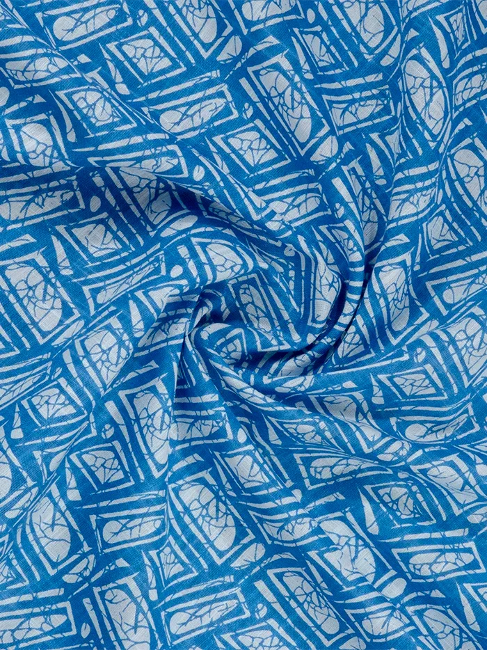 Sky Blue Printed Handwoven Slab Cotton Fabric 44 Inch Width