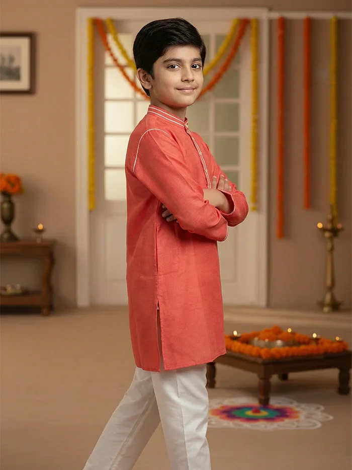 Light Red Bishnupuri Katan Silk Boys Long Kurta - WeaversIndia