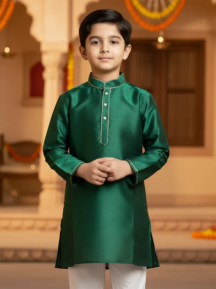 Forrest Green Bishnupuri Silk Boys Long Kurta - WeaversIndia
