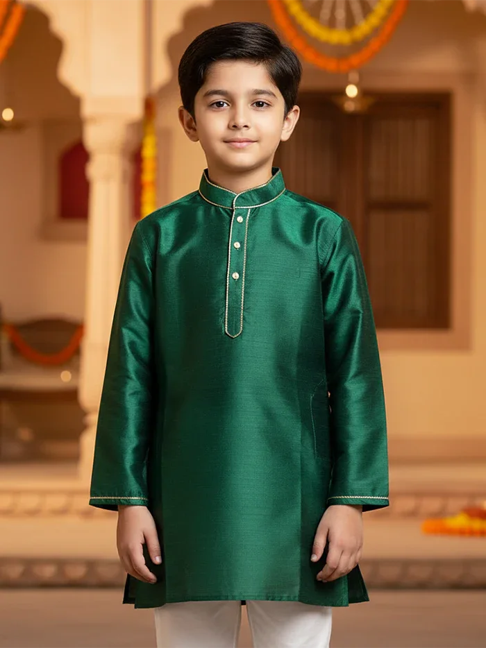 Forrest Green Bishnupuri Silk Boys Long Kurta - WeaversIndia