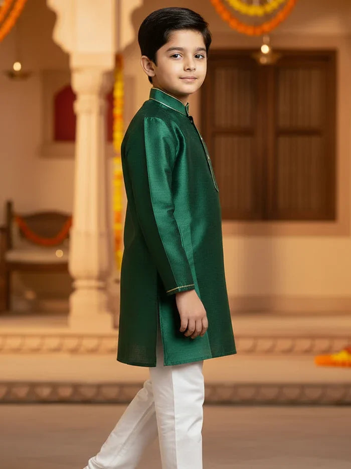 Forrest Green Bishnupuri Silk Boys Long Kurta - WeaversIndia