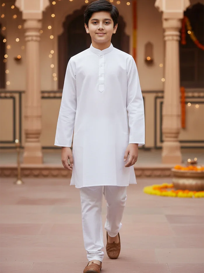 White Solid Handwoven Organic Cotton Boys Kurta - WeaversIndia