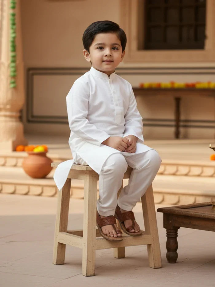 White Solid Handwoven Organic Cotton Boys Kurta - WeaversIndia