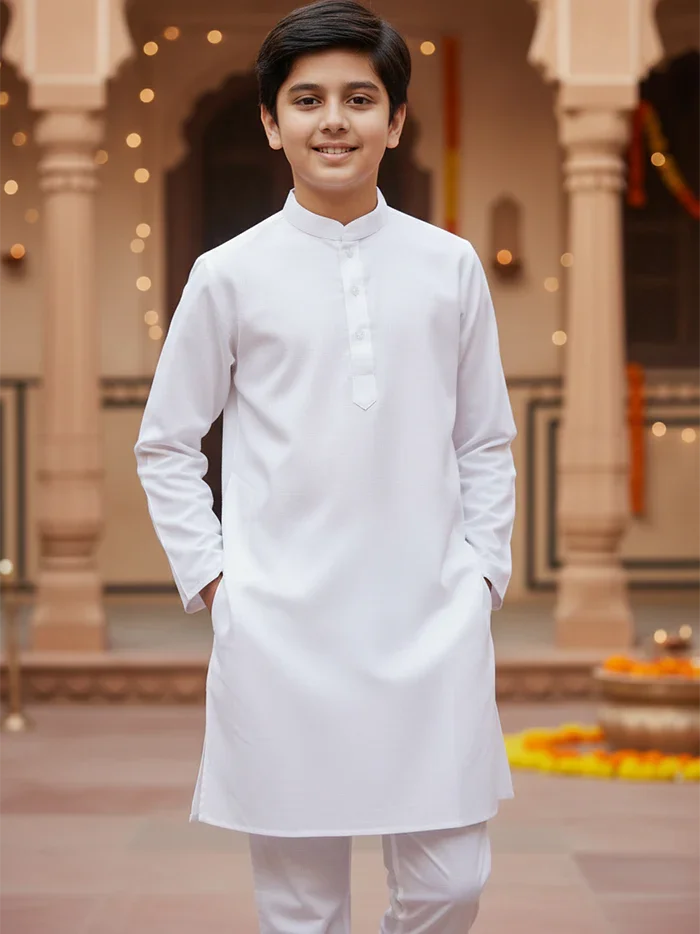 White Solid Handwoven Organic Cotton Boys Kurta - WeaversIndia