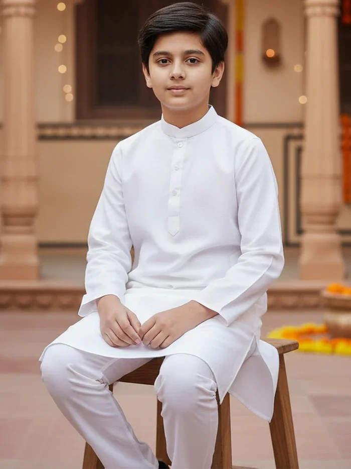 White Solid Handwoven Organic Cotton Boys Kurta - WeaversIndia