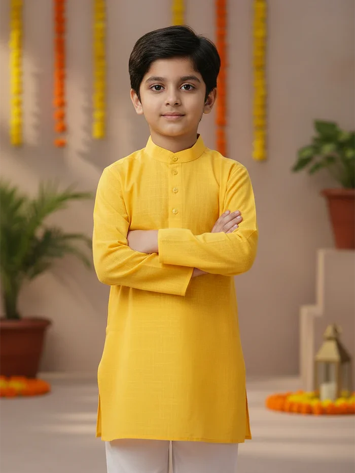 Yellow Solid Slab Cotton Boys Kurta - WeaversIndia