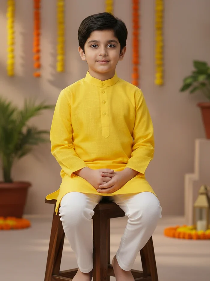 Yellow Solid Slab Cotton Boys Kurta - WeaversIndia