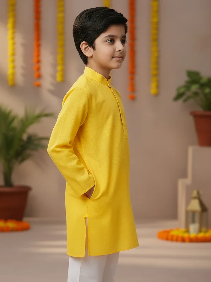 Yellow Solid Slab Cotton Boys Kurta - WeaversIndia